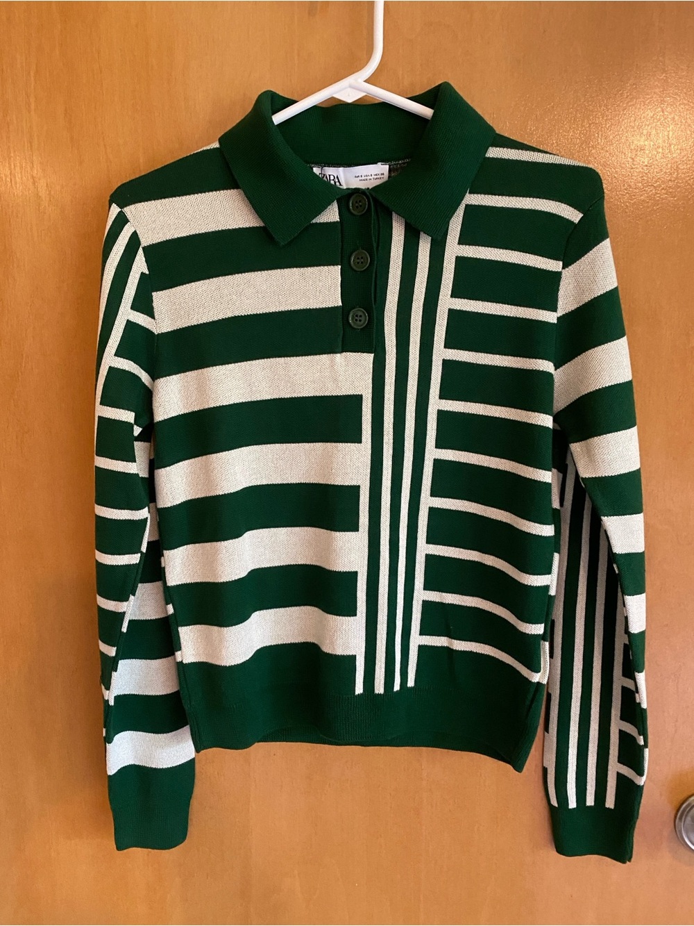 Zara Green and Cream Striped Polo Sweater